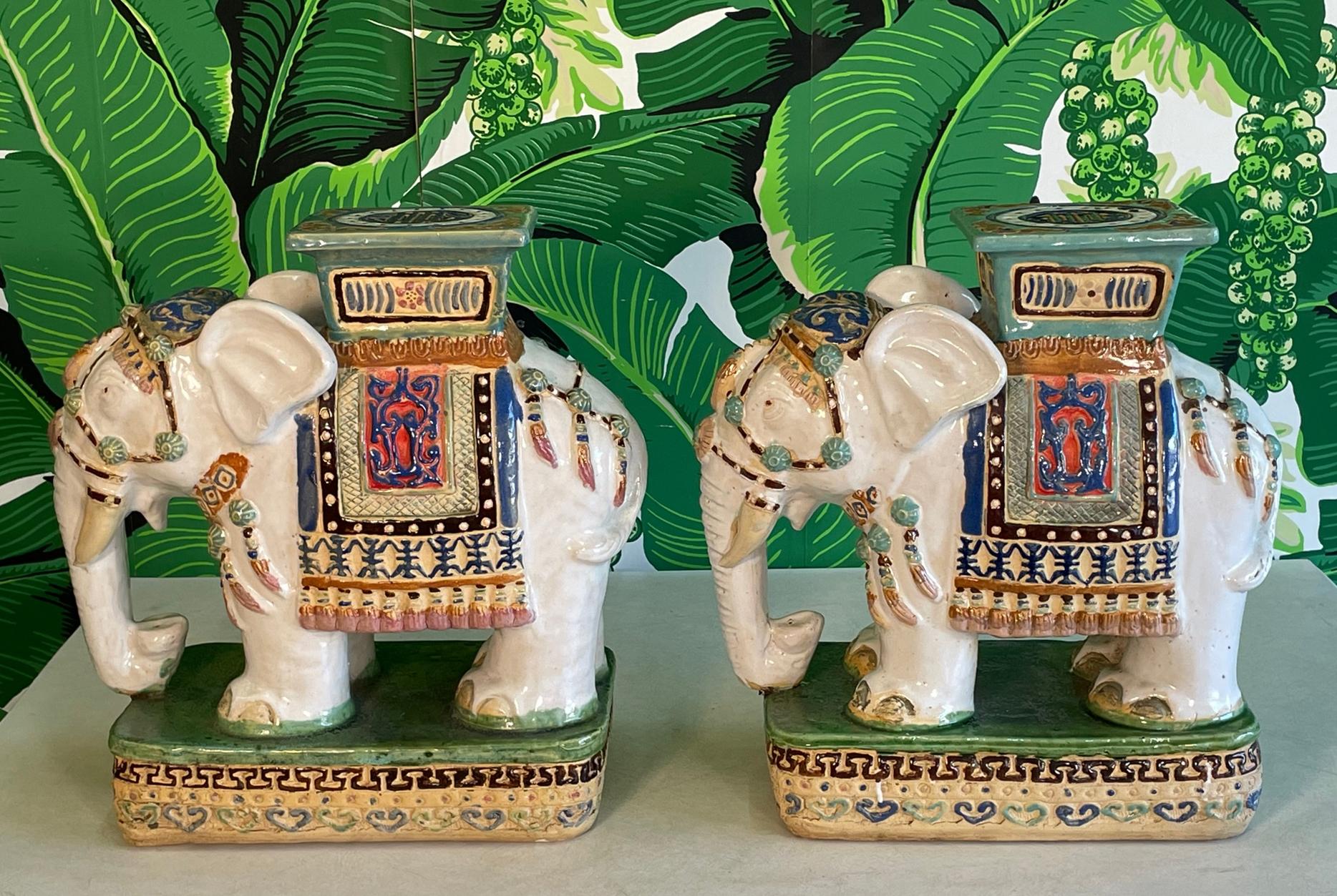 Chinoiserie Midcentury Glazed Terracotta Elephant Stools