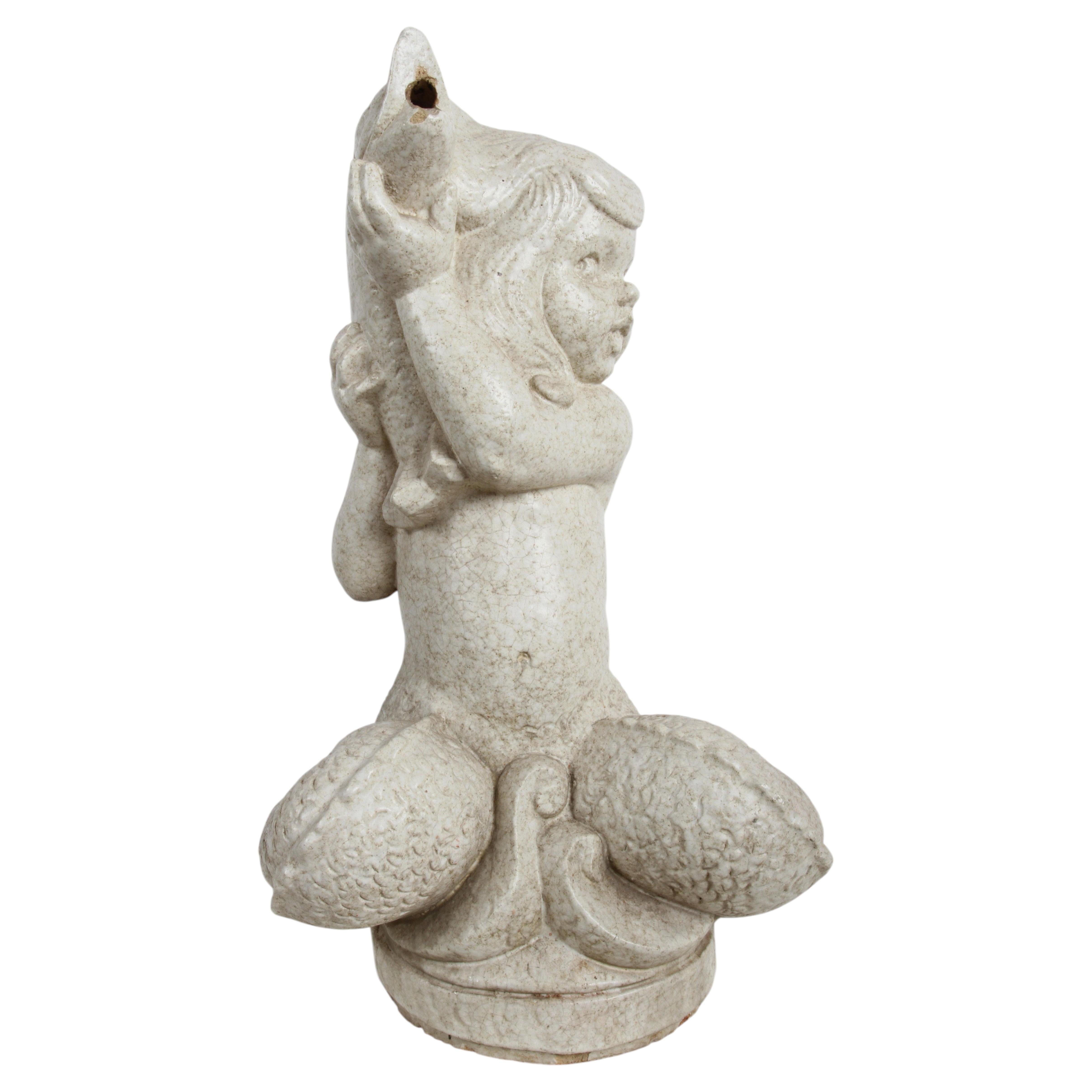 Fontaine de jardin « Sirène et putti » en terre cuite émaillée du milieu du siècle, signée Winkle