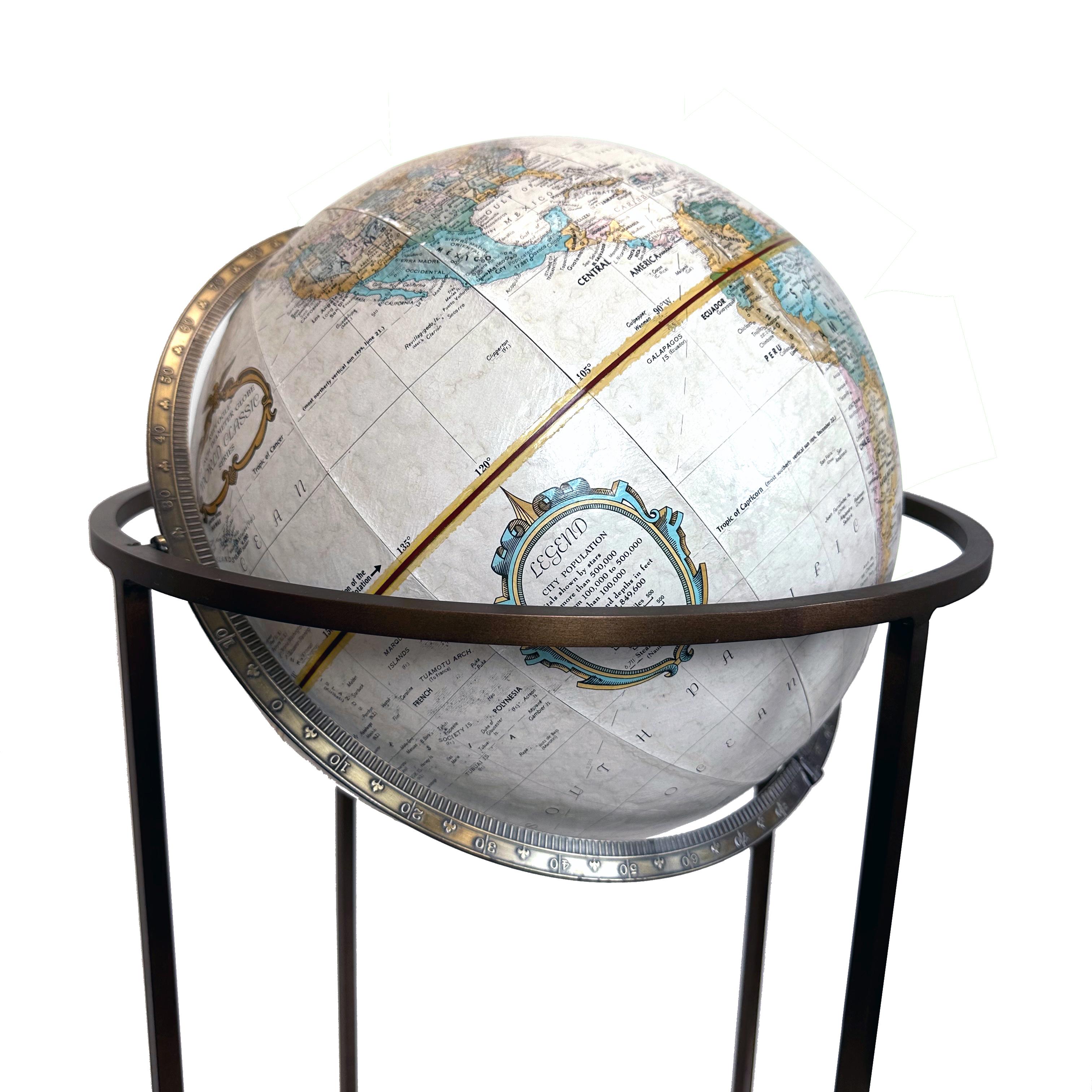 Un étonnant globe terrestre des années 1970, monté sur un support en bronze minimaliste et élégant, rappelant le design intemporel de Paul McCobb. 

La base en bronze présente une belle et riche patine qui lui confère un caractère discret. 

Le