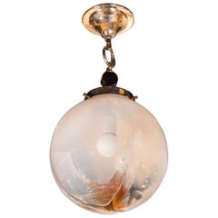 Midcentury Globe Pendant in Semi-Opaque Glass with Amber Accents by Mazzega