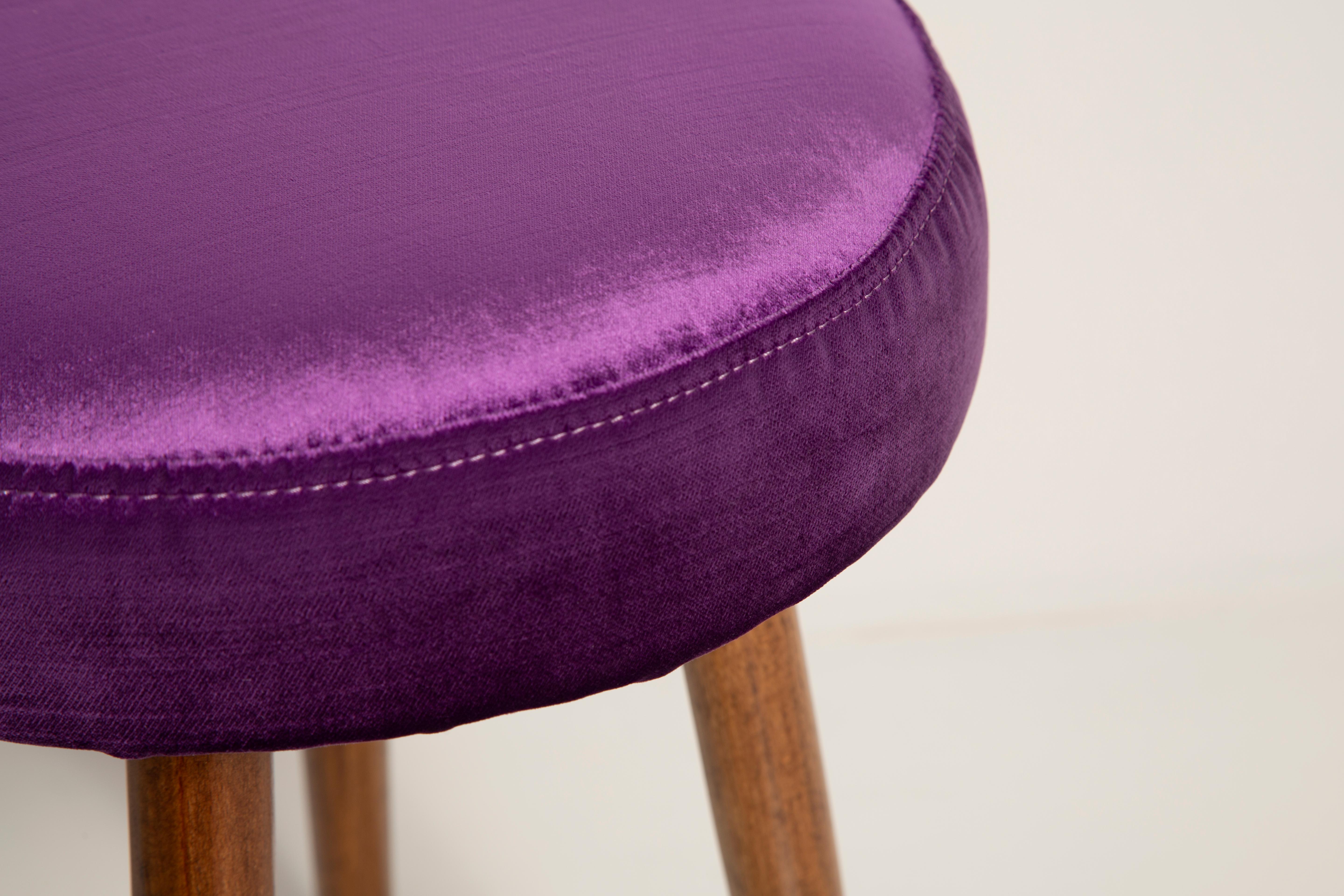 Hand-Crafted Mid-Century Glossy Purple Velvet Stool, Europe, 1960s For Sale