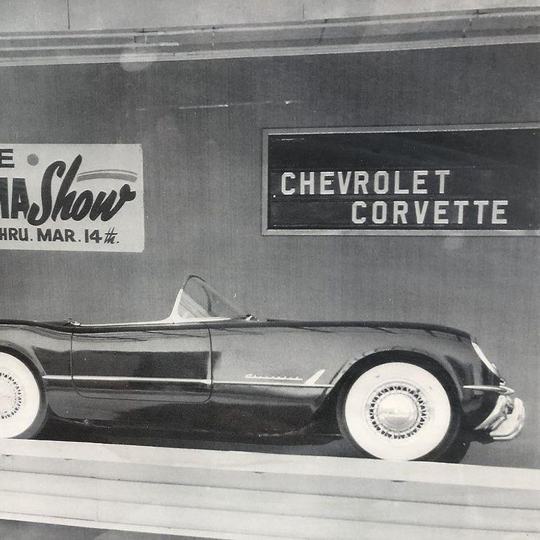 Mid-Century Modern Mid-century GM Chevrolet Corvette Black & White Lithograph Print in Frame For Sale