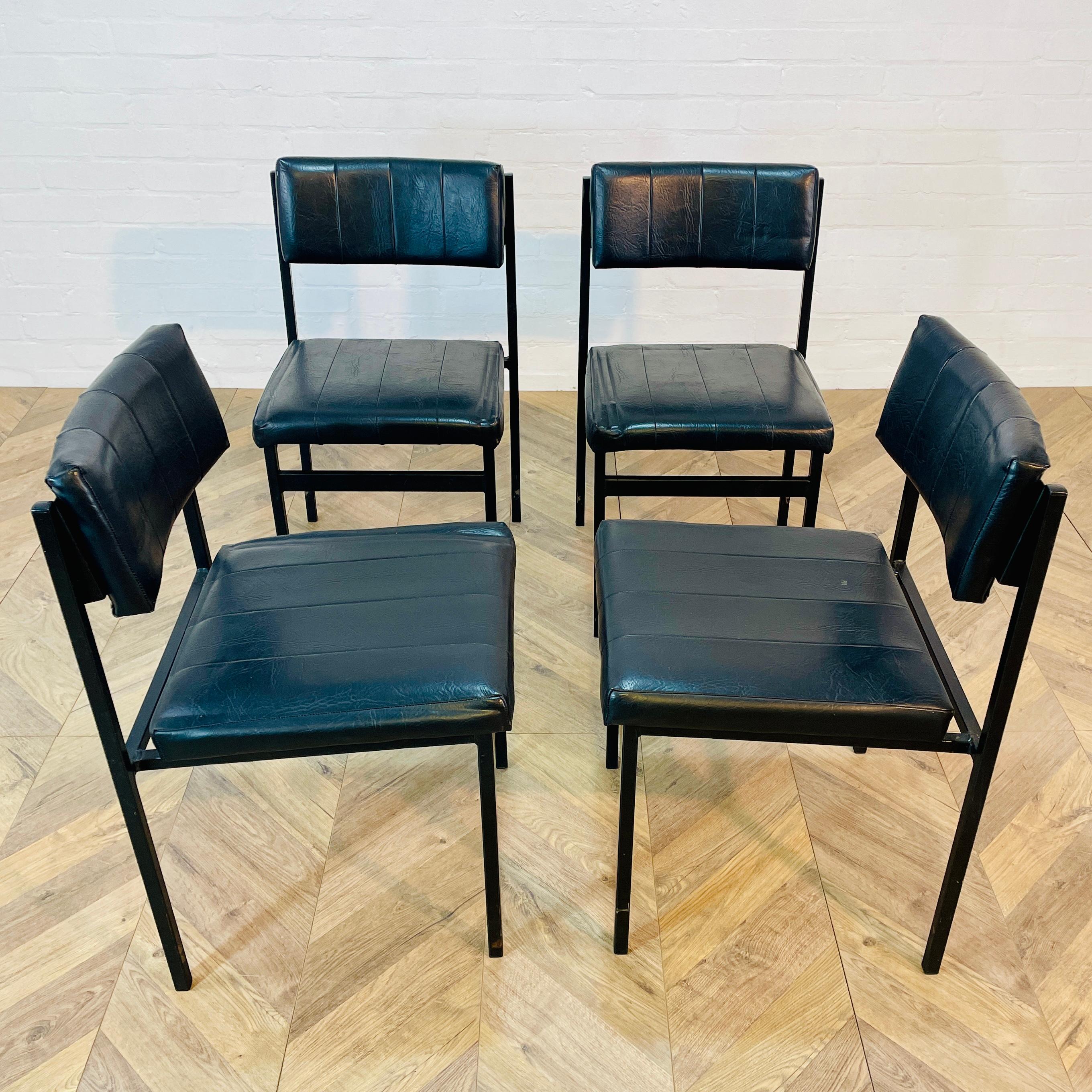 Mid-Century Godfrey Syrett Black Vinyl + Metal Dining Chairs, Set of 4, 1960s In Good Condition For Sale In Ely, GB