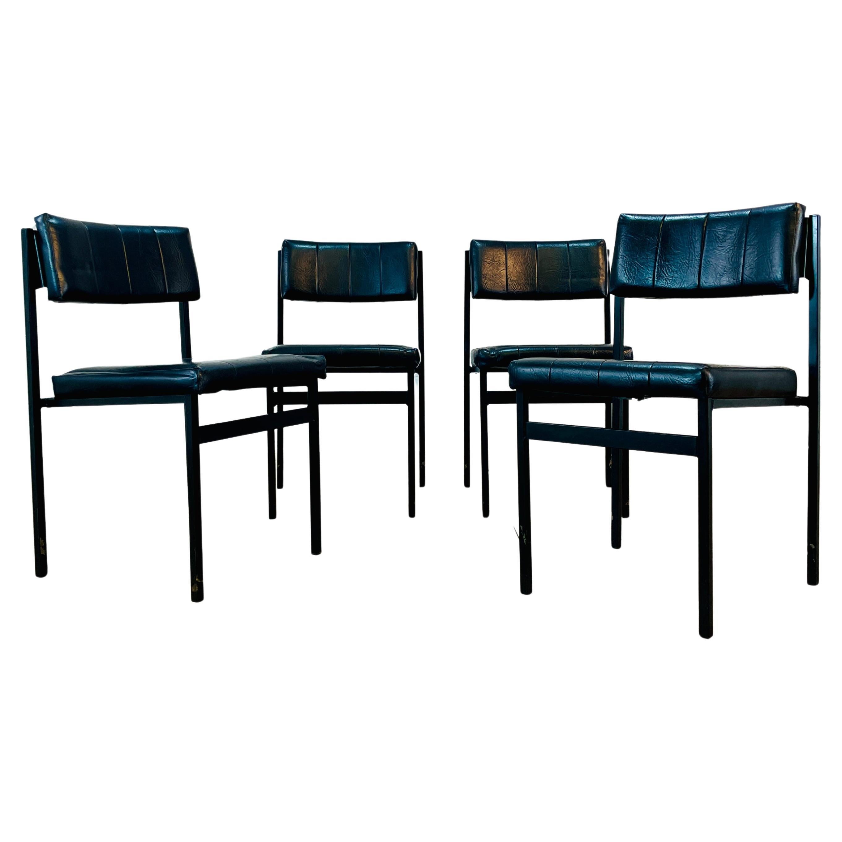 Mid-Century Godfrey Syrett Black Vinyl + Metal Dining Chairs, Set of 4, 1960s For Sale