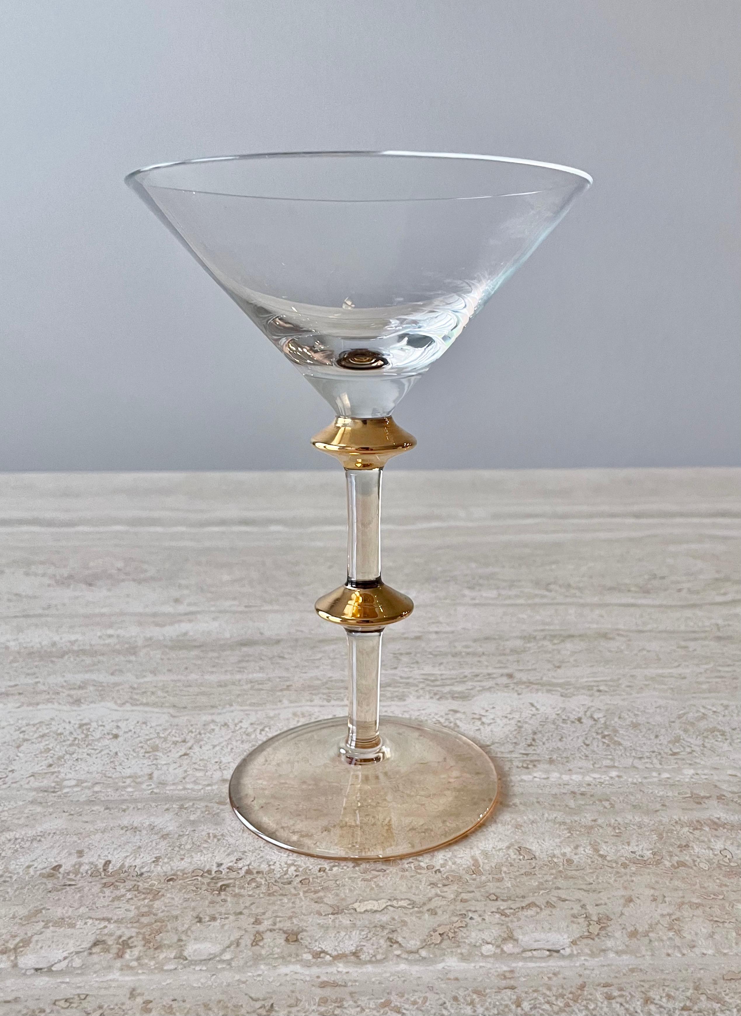 Mid Century Gold Accent Martini Glasses  In Good Condition In Denton, TX