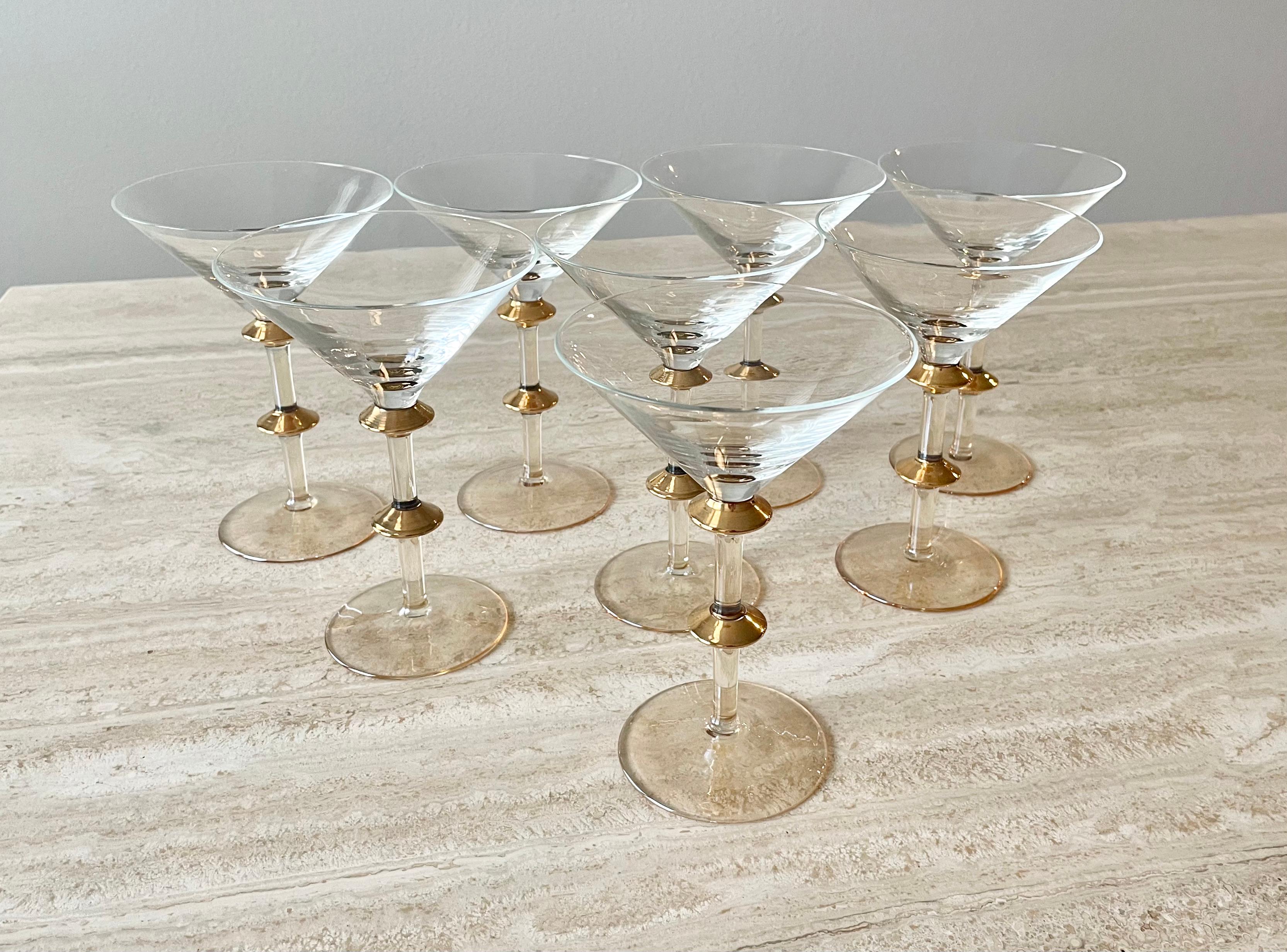 Late 20th Century Mid Century Gold Accent Martini Glasses 