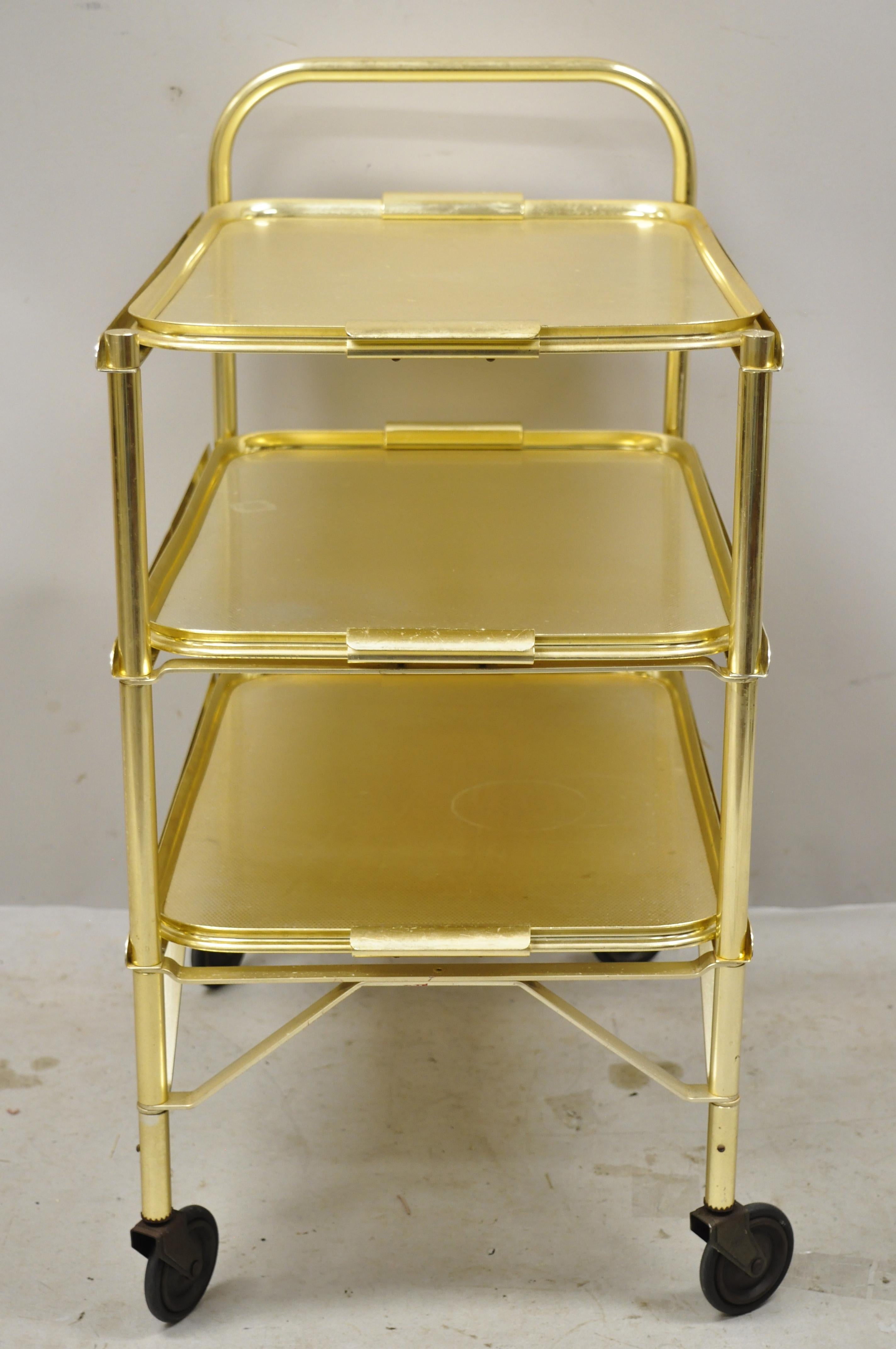 Midcentury Gold Aluminum Metal Folding Rolling Bar Cart Server with 3 Trays For Sale 2