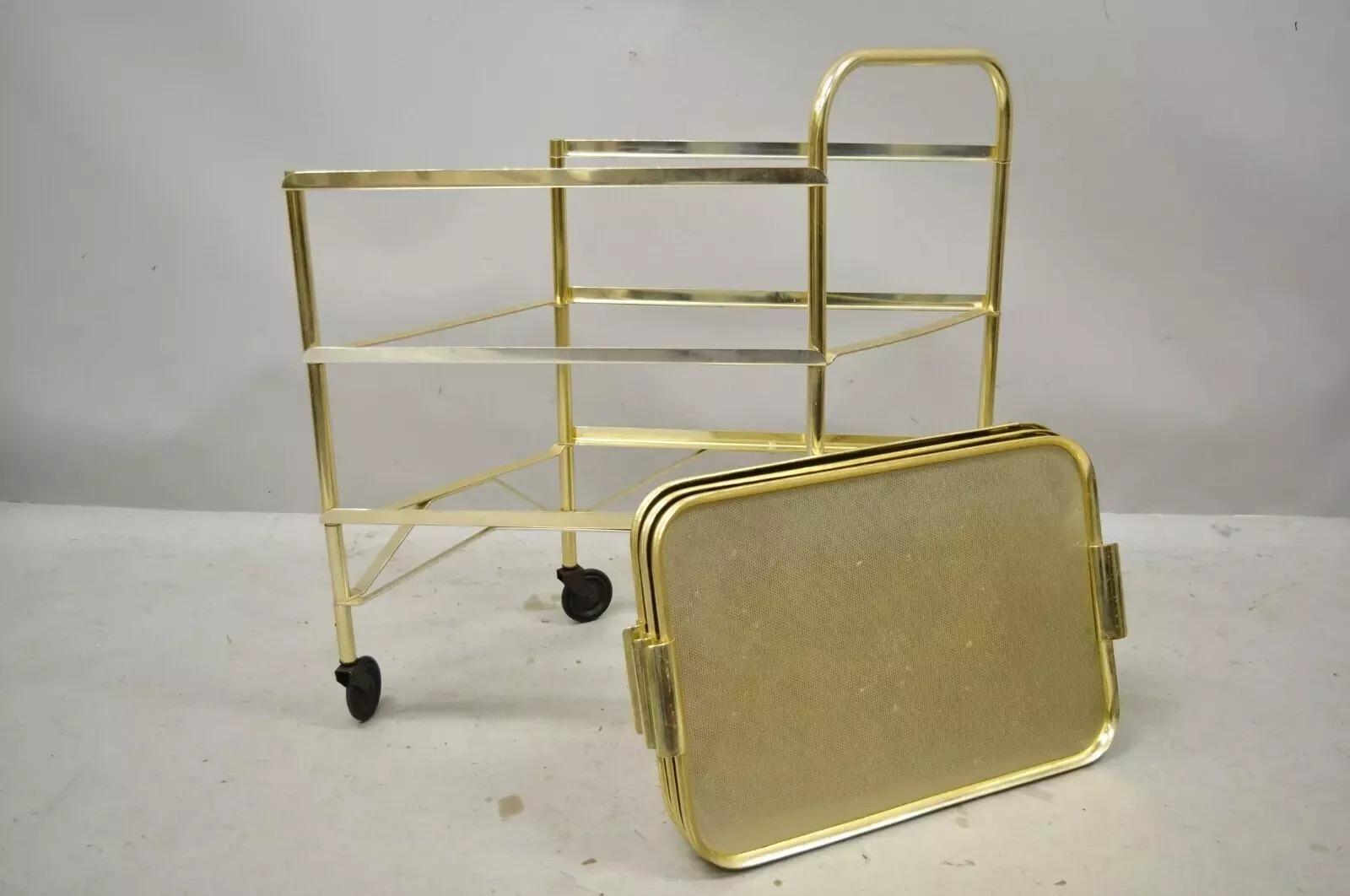 Mid-Century moderno Carrello da bar Foldes in metallo dorato di metà secolo, server con 3 vassoi in vendita
