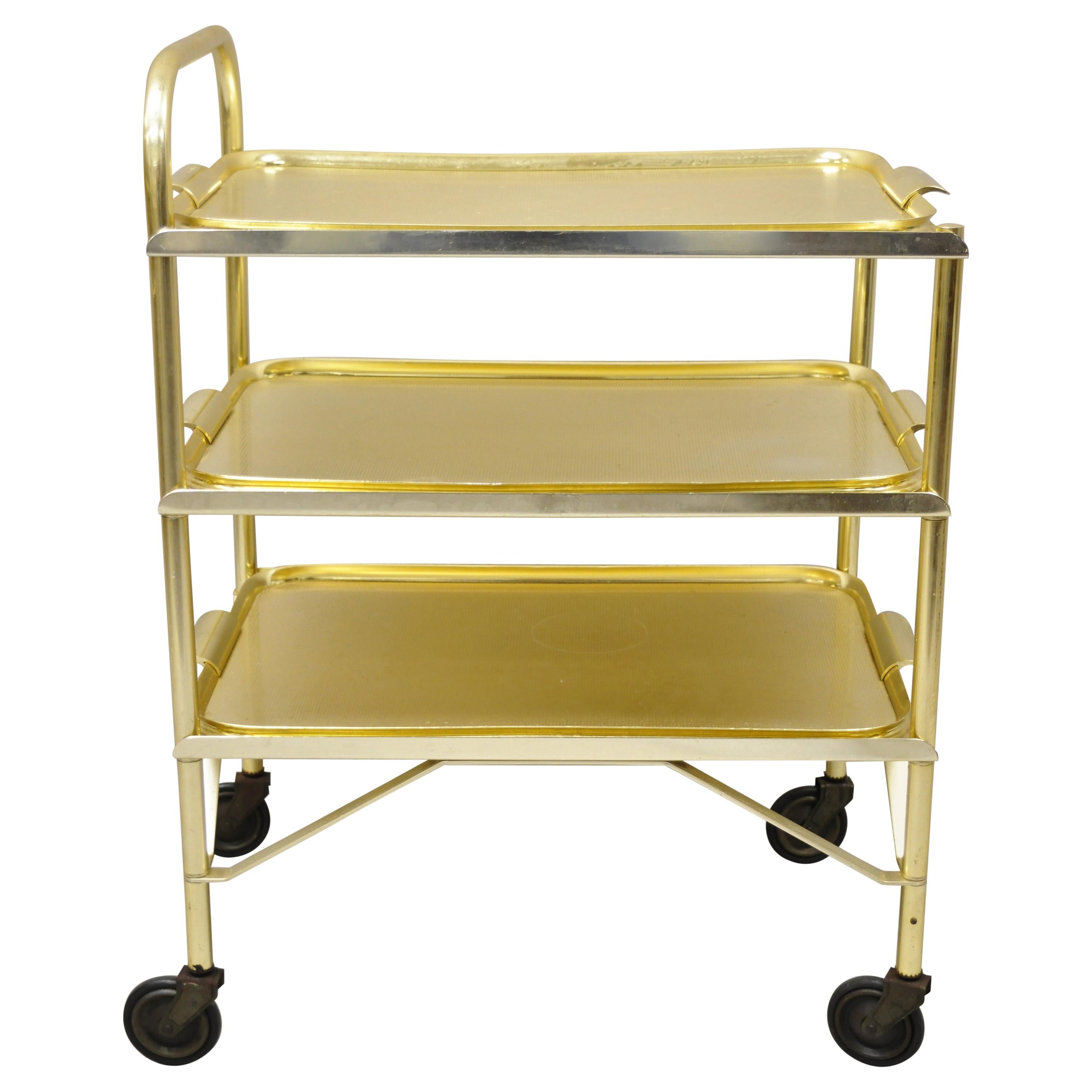 Midcentury Gold Aluminum Metal Folding Rolling Bar Cart Server with 3 Trays For Sale