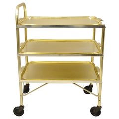 Retro Midcentury Gold Aluminum Metal Folding Rolling Bar Cart Server with 3 Trays