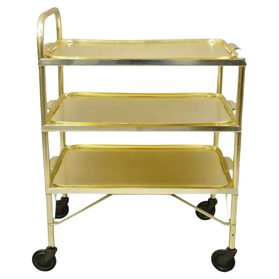 Carrito de bar rodante plegable de aluminio dorado de mediados de siglo Servidor con 3 bandejas