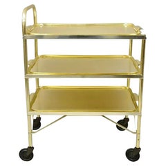 Carrito de bar rodante plegable de aluminio dorado de mediados de siglo Servidor con 3 bandejas