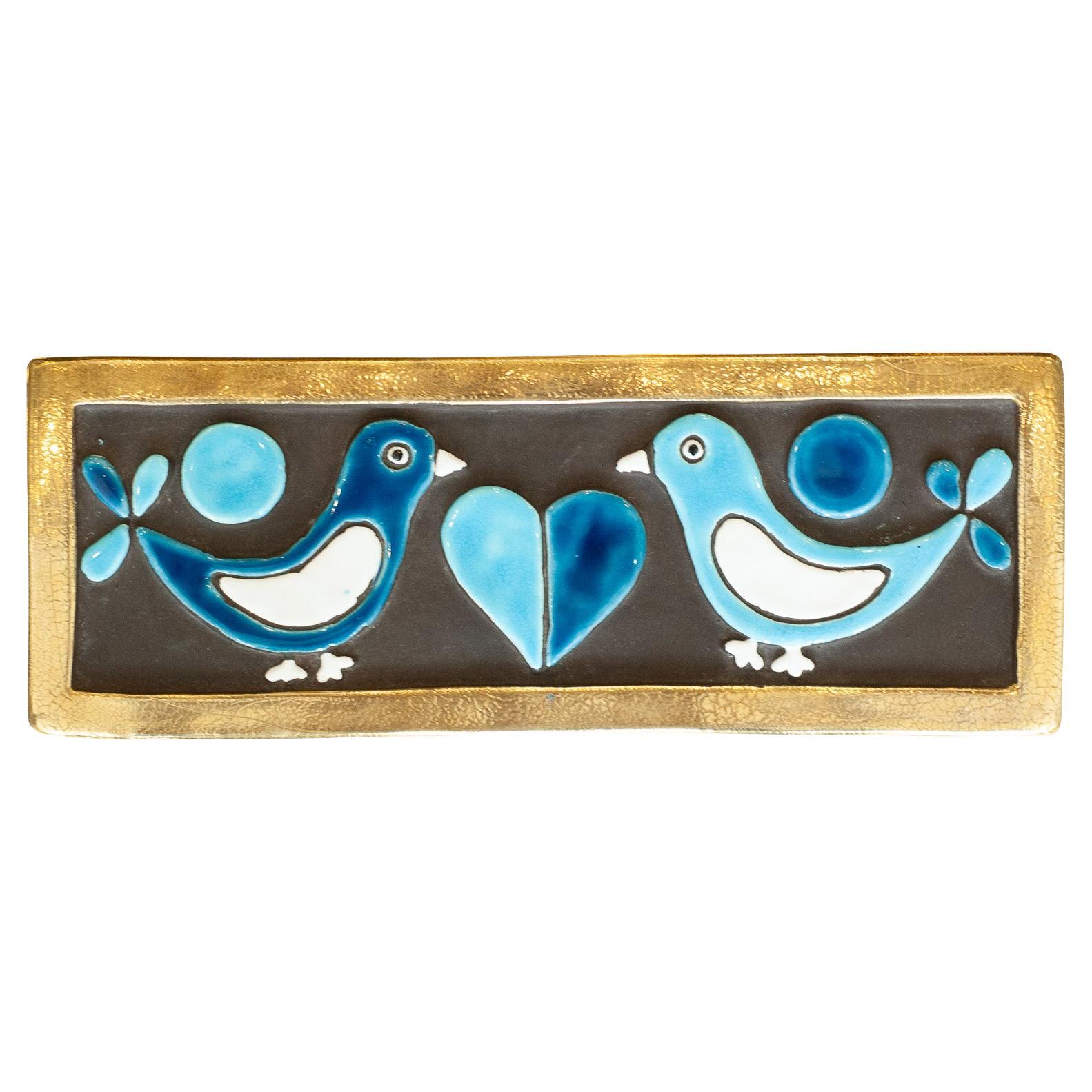 Mid Century Gold and Blue Ceramic Box with Birds by Mithé Espelt