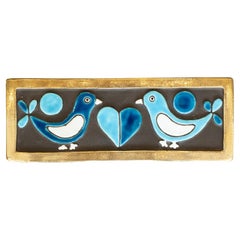 Mid Century Gold and Blue Ceramic Box with Birds by Mithé Espelt