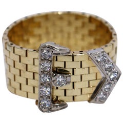 Midcentury Gold and Diamond Buckle Ring