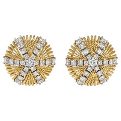 Mid-century Gold and Diamond Domed Starburst Clip Earrings