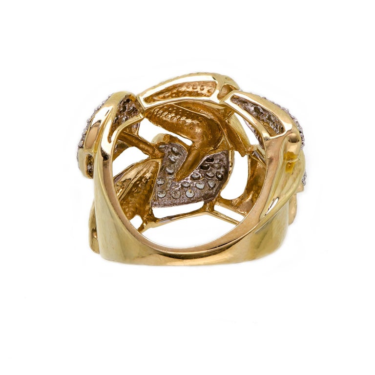 Midcentury Gold and Diamond Leaf Motif Wide Ring For Sale at 1stDibs