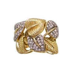 Vintage Midcentury Gold and Diamond Leaf Motif Wide Ring