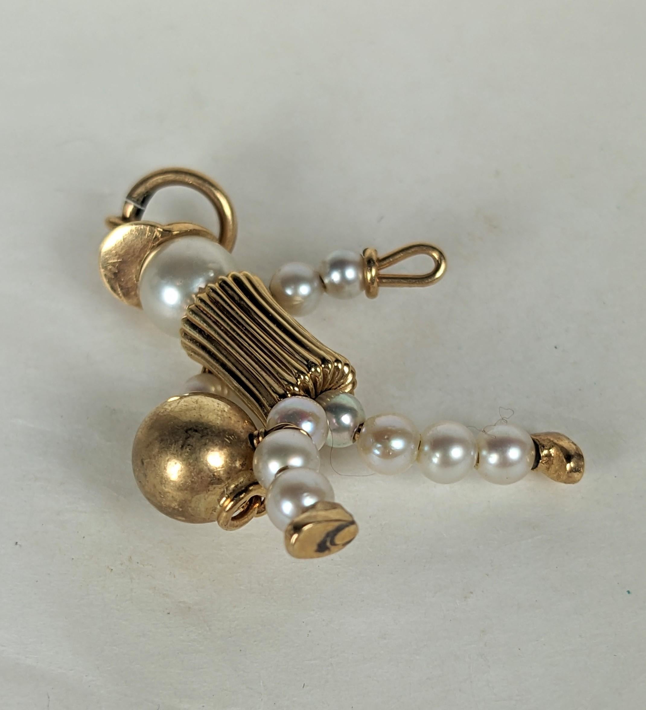 Artisan Mid Century Gold and Pearl Bowler Charm For Sale
