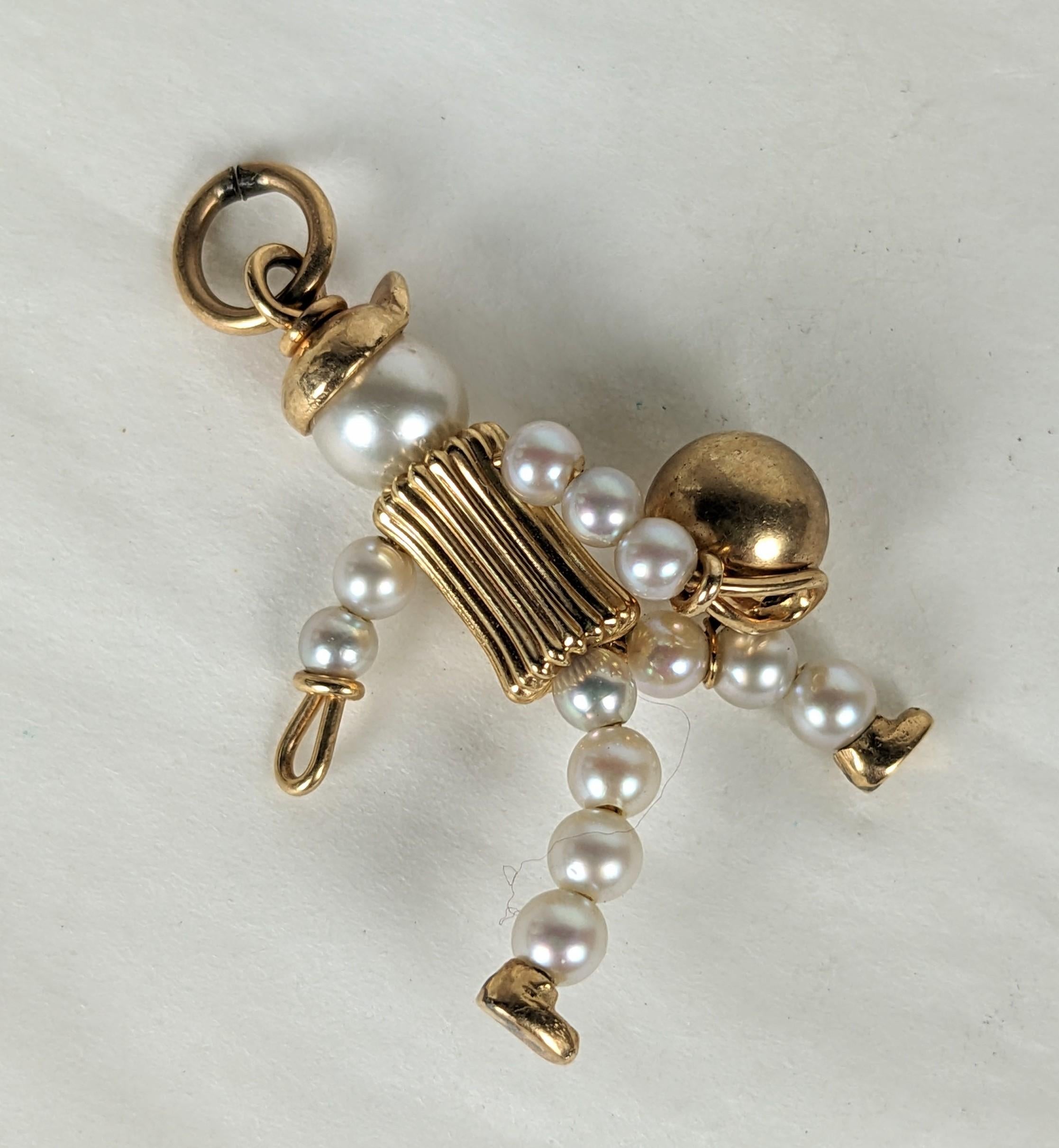 Mid Century Gold and Pearl Bowler Charm In Excellent Condition For Sale In New York, NY