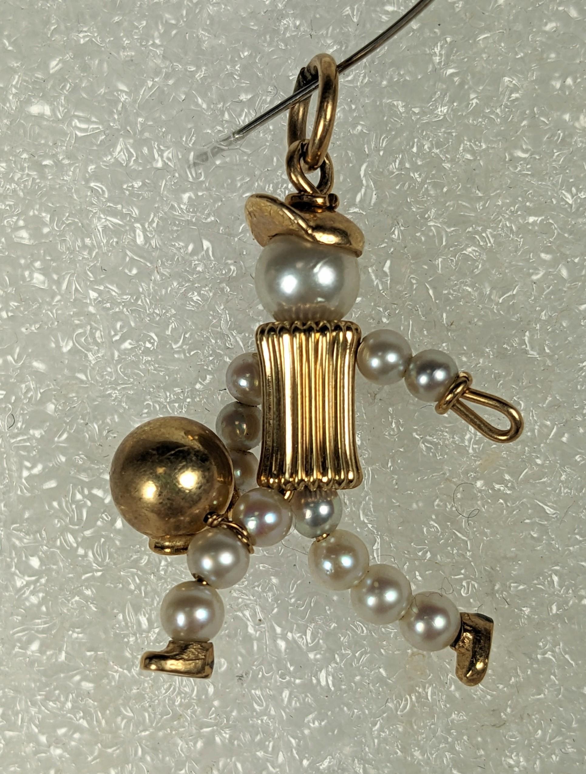Women's or Men's Mid Century Gold and Pearl Bowler Charm For Sale