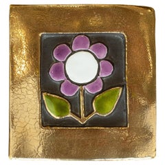 Mid Century Gold and Purple Ceramic Box with Flower by Mithé Espelt