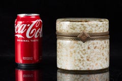 Mid-Century Gold Aventurine Murano Glass Cylindrical Jewelry Box w/ Bronze Hinge