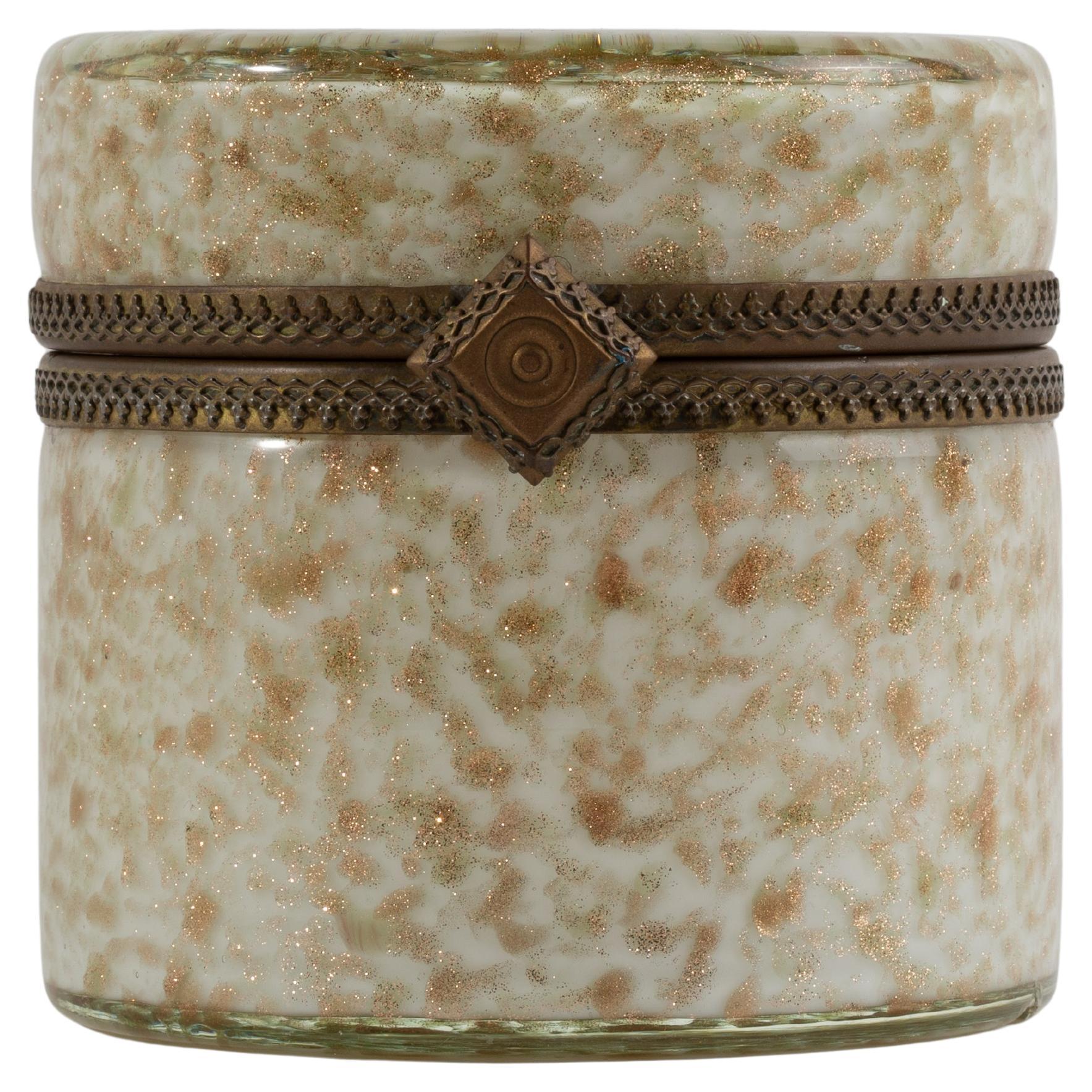 Boîte à bijoux cylindrique du milieu du siècle en verre Murano doré à l
aventurine avec charnière en bronze en vente