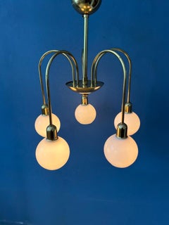 Mid Century Gold Brass Opaline Glass Chandelier, 1970s