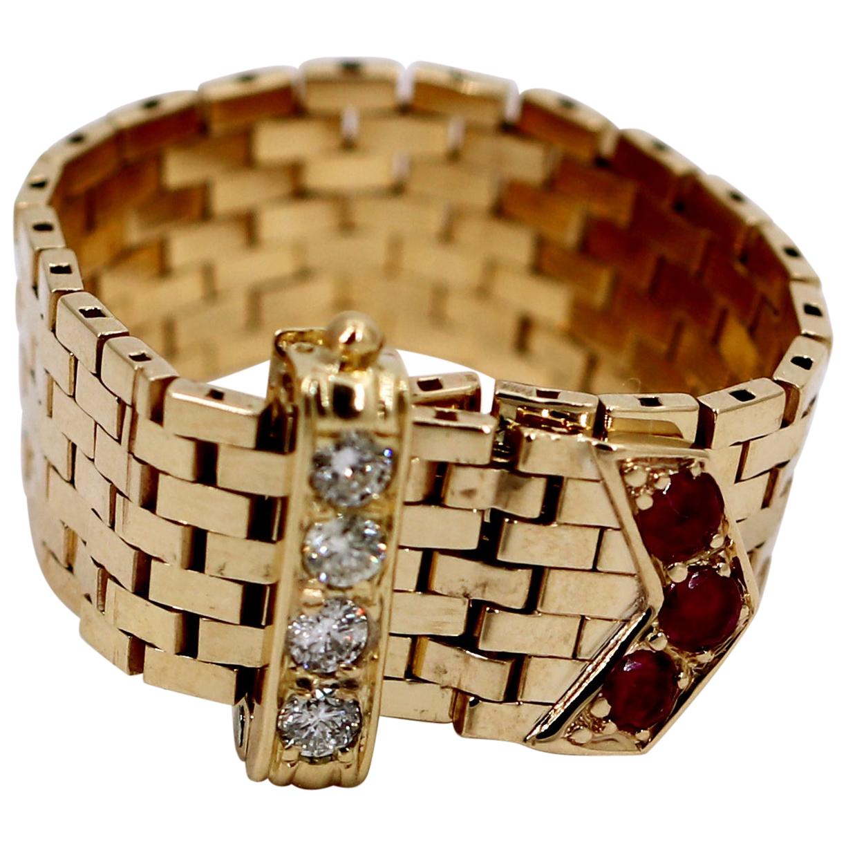 Midcentury Gold Buckle Ring with Diamonds and Rubies