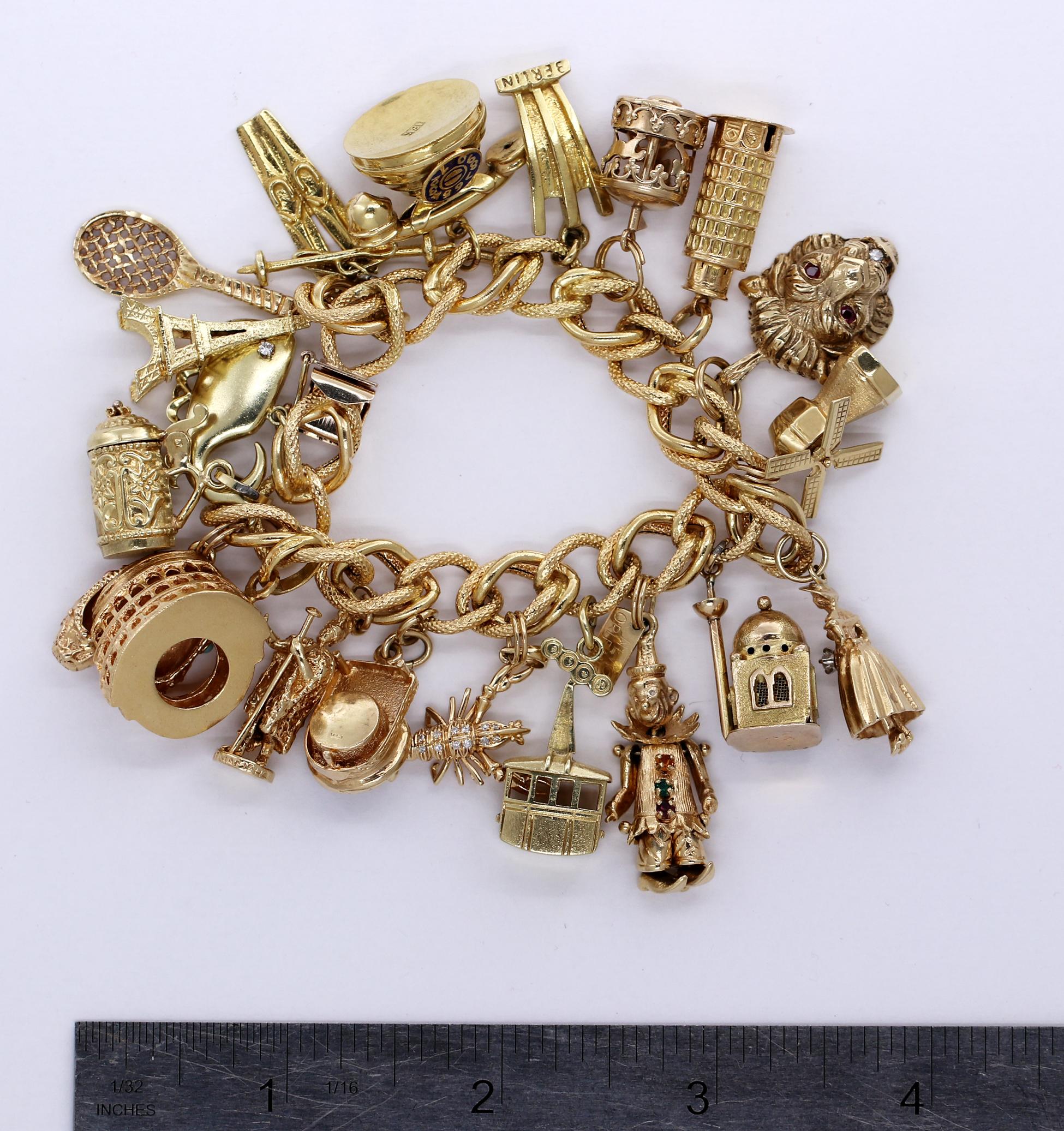 Midcentury Gold Charm Bracelet with 20 Travel Themed Charms 3