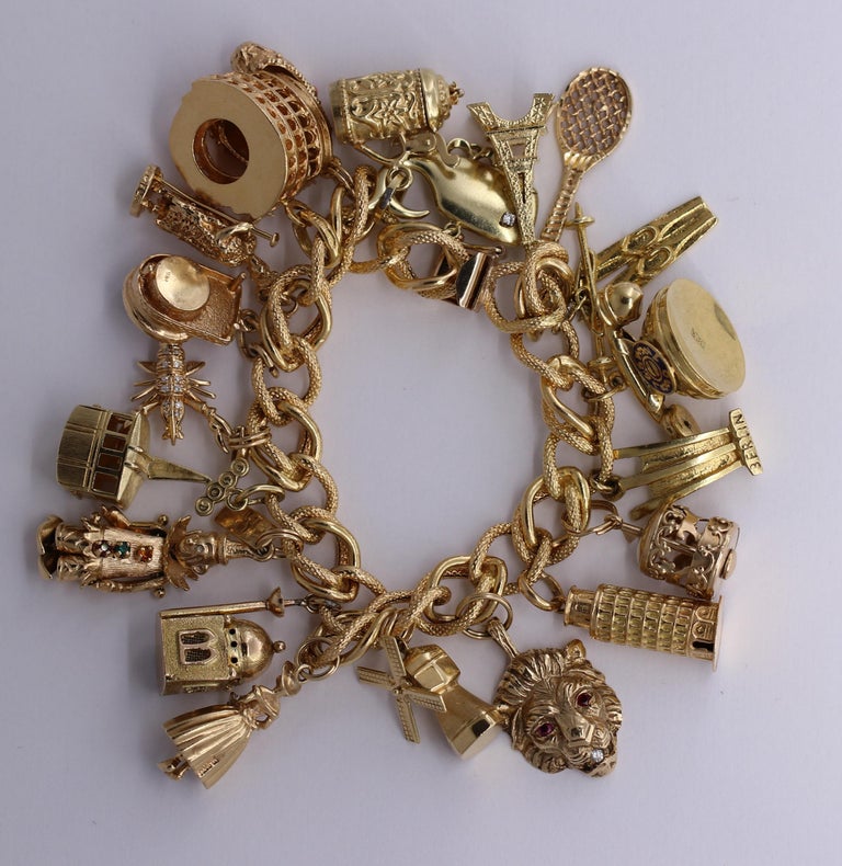 Midcentury Gold Charm Bracelet with 20 Travel Themed Charms at 1stDibs