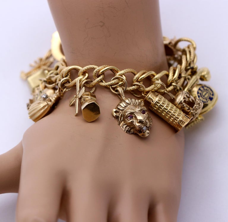 Midcentury Gold Charm Bracelet with 20 Travel Themed Charms at 1stDibs gold charms for