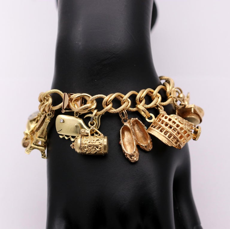 Midcentury Gold Charm Bracelet with 20 Travel Themed Charms at 1stDibs