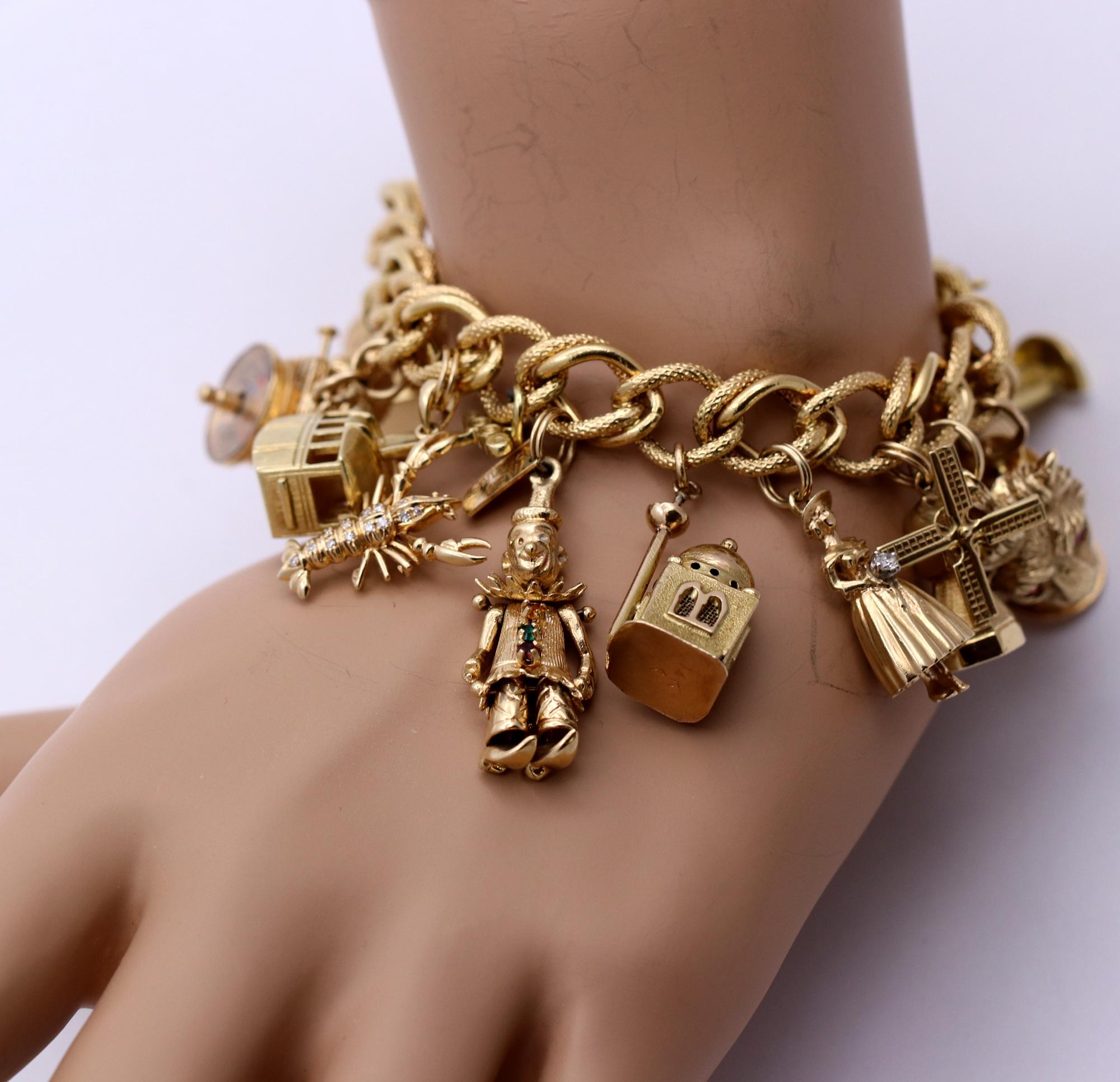 Women's Midcentury Gold Charm Bracelet with 20 Travel Themed Charms