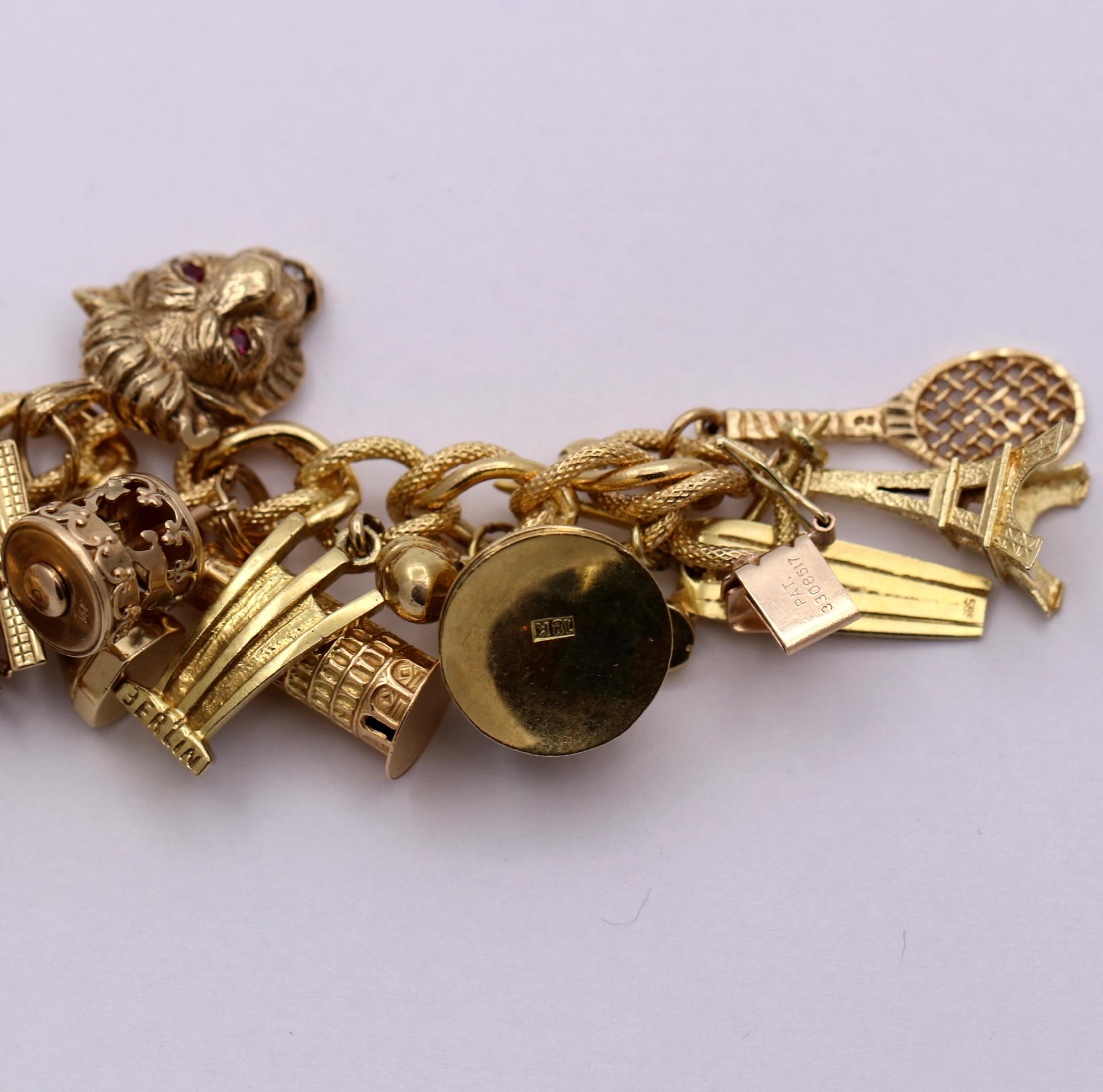 Midcentury Gold Charm Bracelet with 20 Travel Themed Charms 1