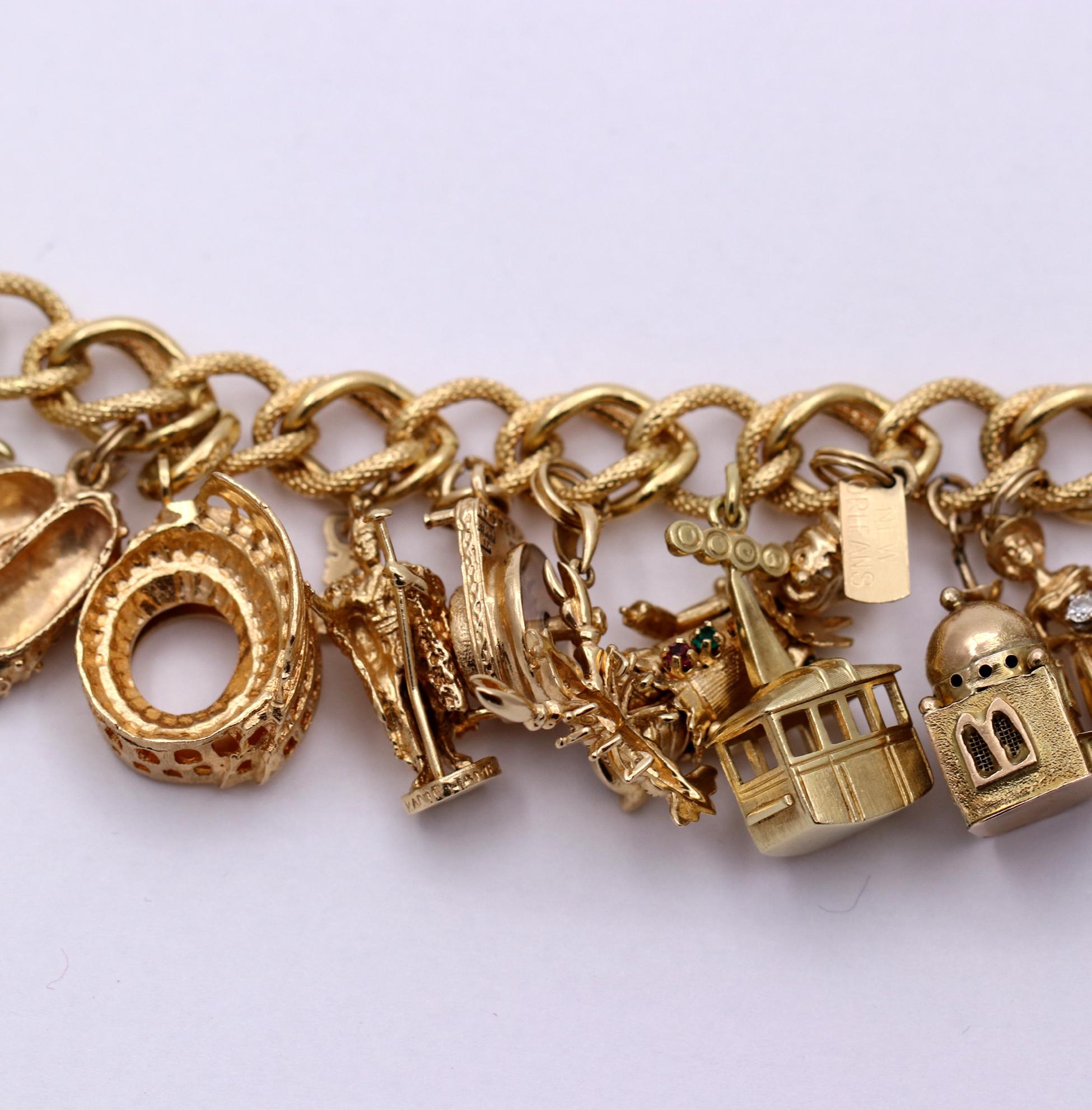 Midcentury Gold Charm Bracelet with 20 Travel Themed Charms 2