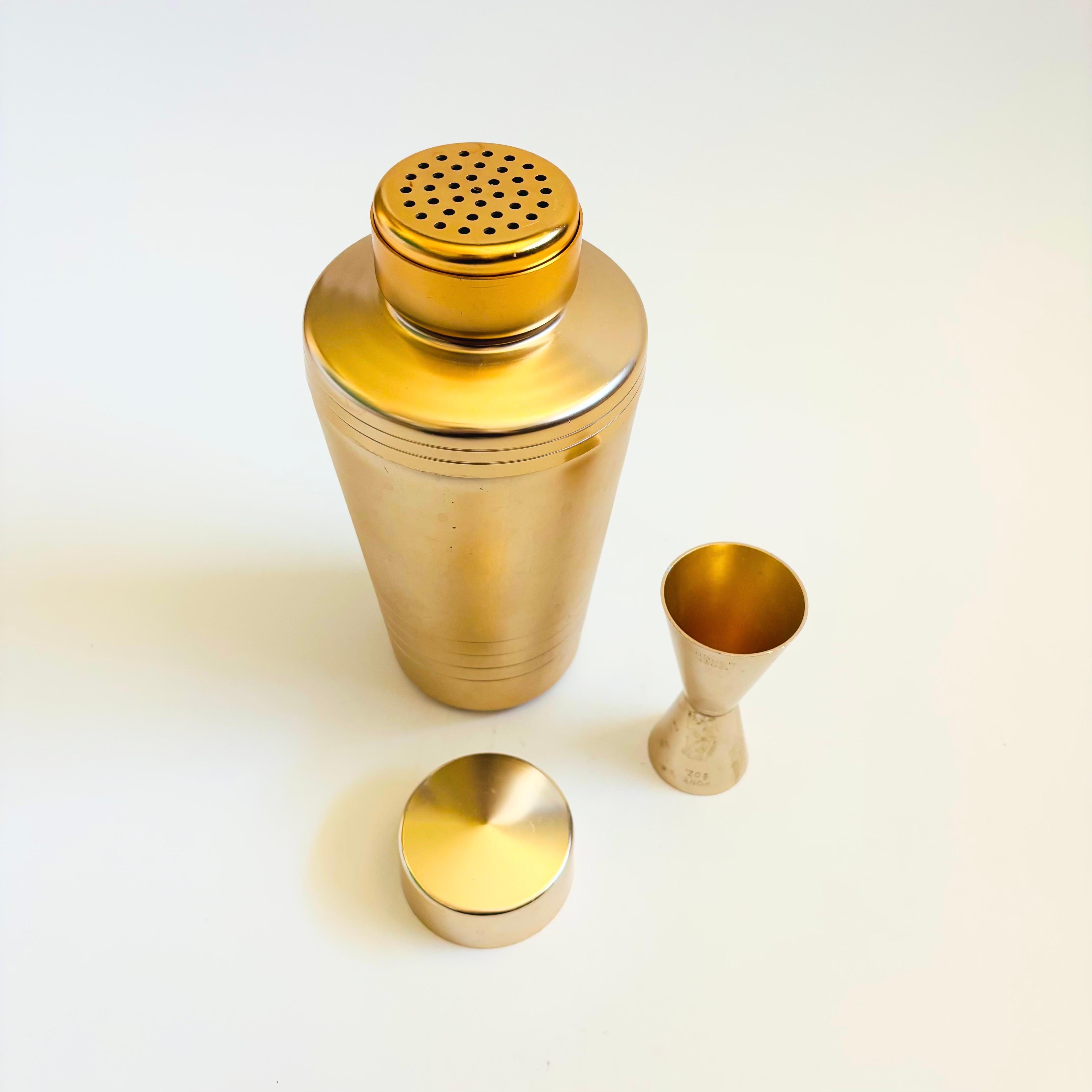 Aluminum Mid Century Gold Cocktail Shaker and Jigger by Mirro For Sale