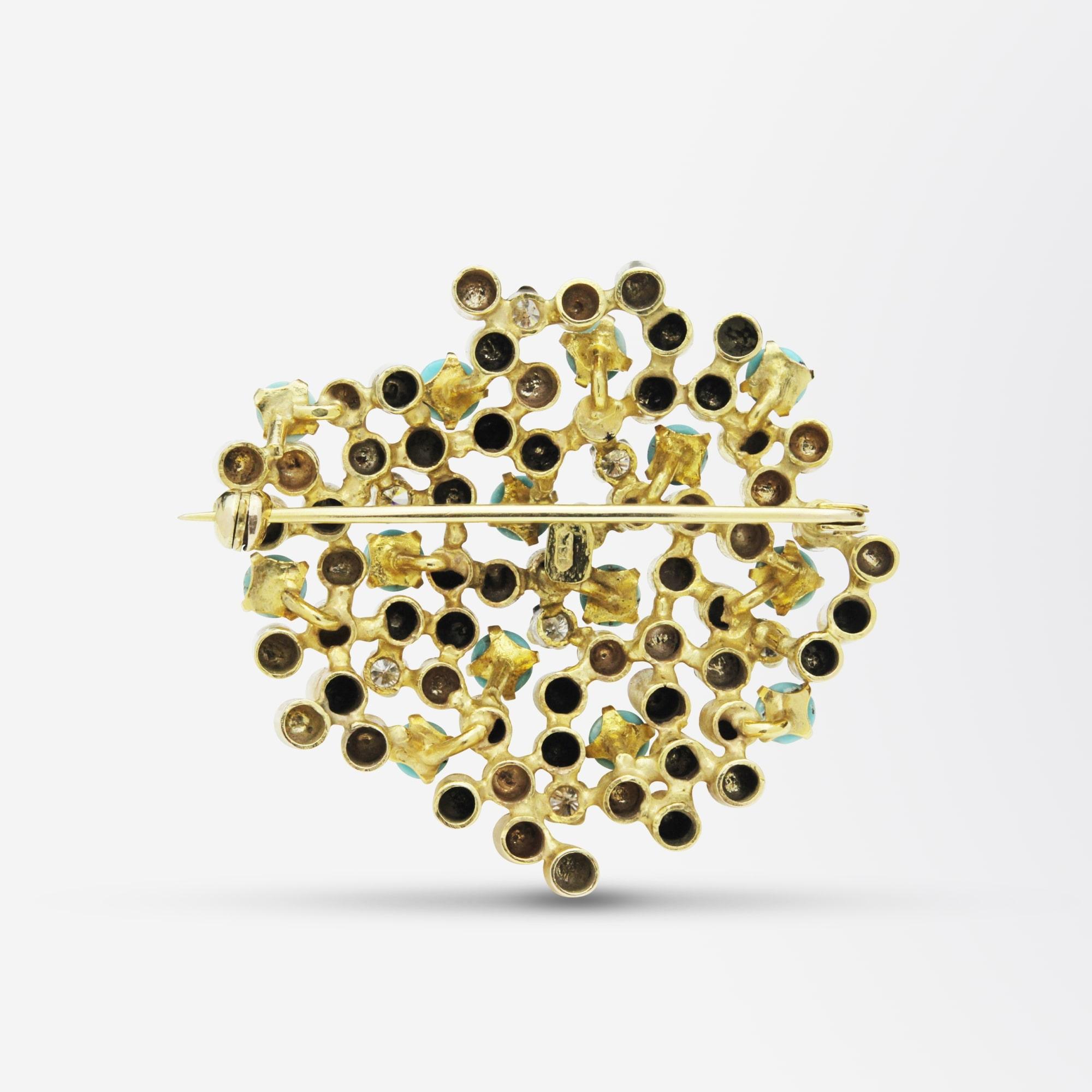 A really striking mid century brooch pin with brutalist elements dating to the mid 20th century. This pin is crafted from 14 karat yellow gold and consists of gold tubes interspersed with pieces of cabochon turquoise and brilliant cut diamonds. The