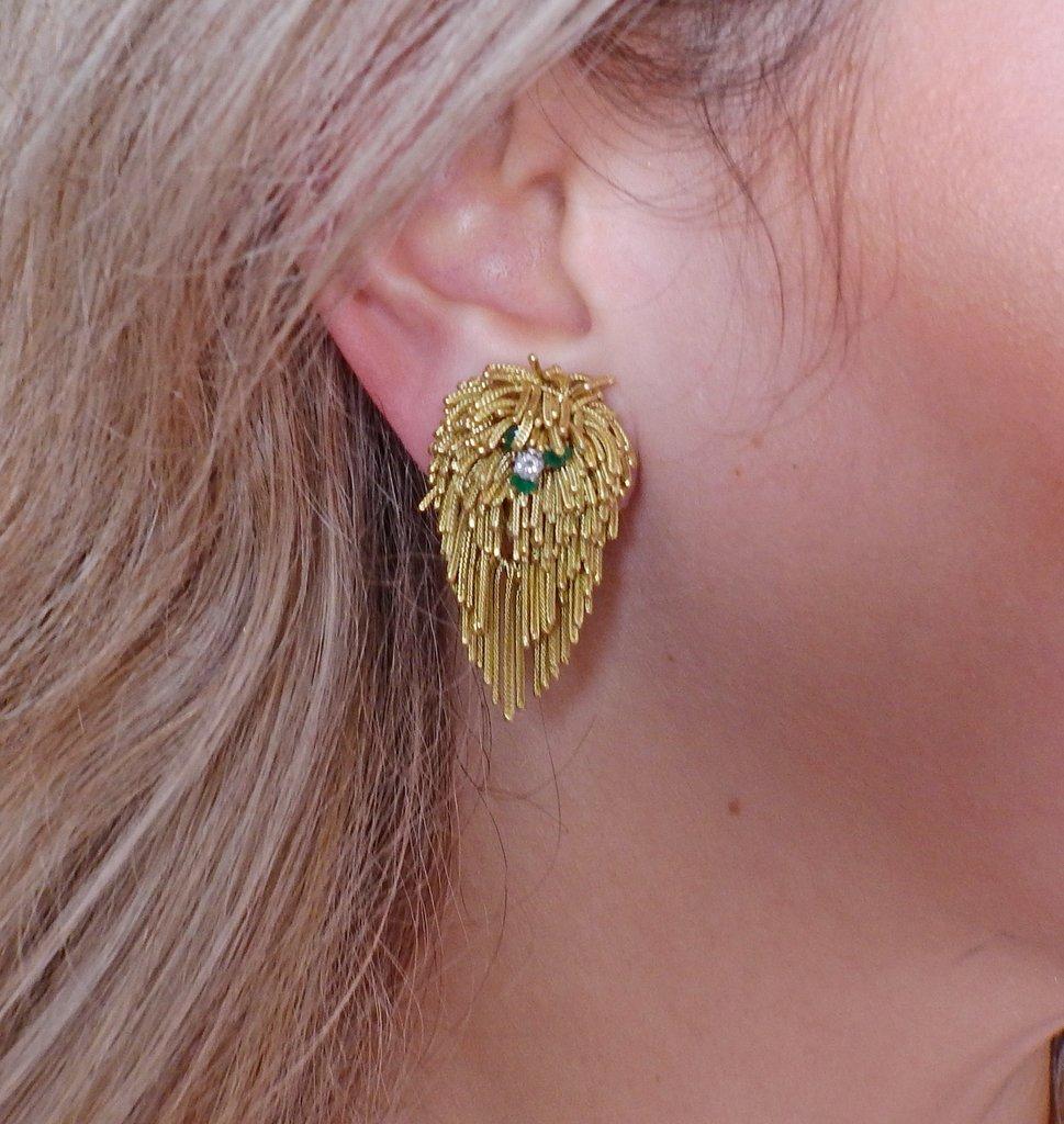 Midcentury Gold Diamond Emerald Ruby Sapphire Brooch Earrings Set 6