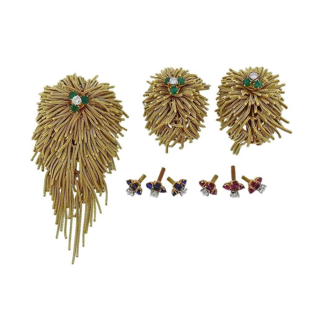Mid century 18k yellow gold earrings and brooch set, featuring interchangeable centers, set with a total of approx. 1.00ctw in diamonds, rubies, emeralds and sapphires. Brooch is 67mm x 30mm; earrings - 42mm 22mm.  Interchangeable centers, can be