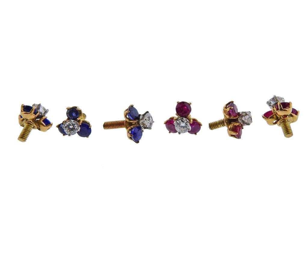 Midcentury Gold Diamond Emerald Ruby Sapphire Brooch Earrings Set 5