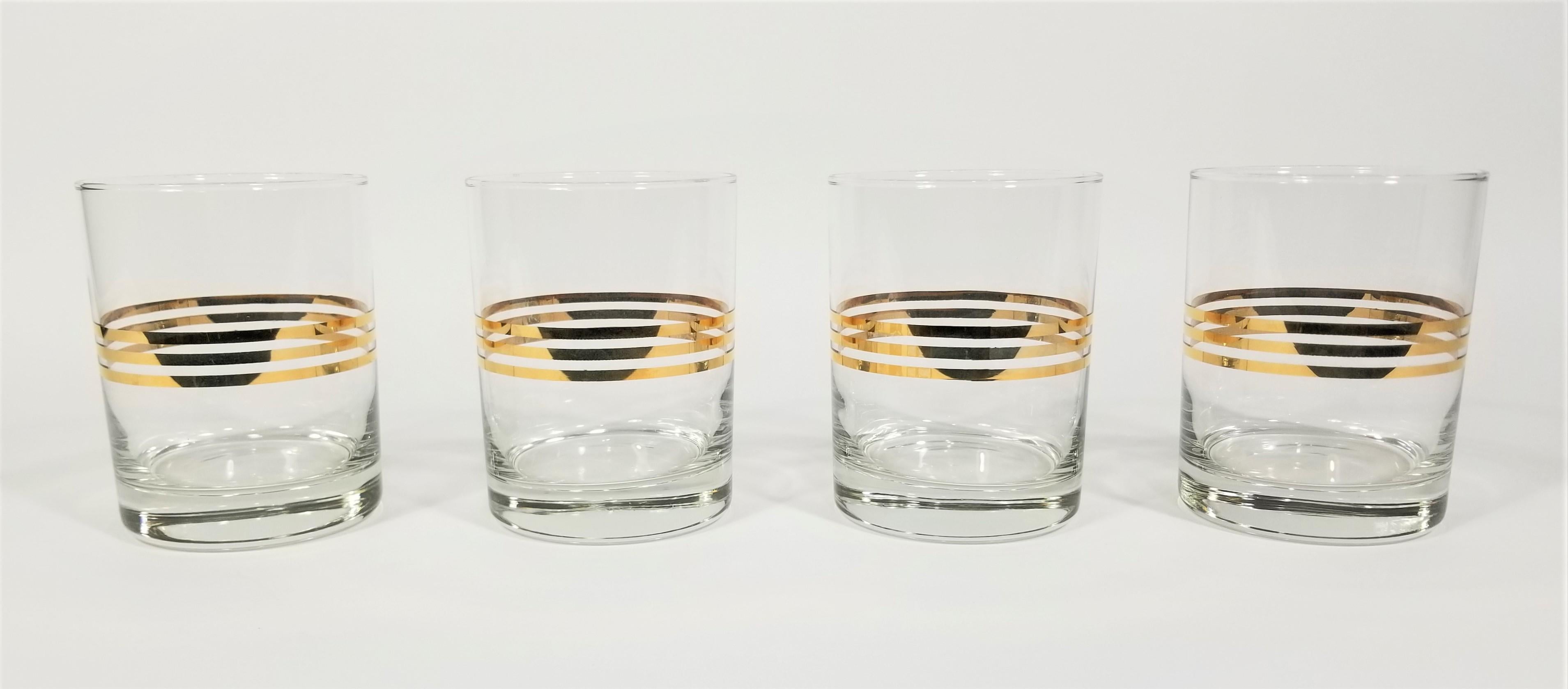Mid Century 1960s 1970s Double Old Fashioned Glasses Glassware Barware with gold striped accents