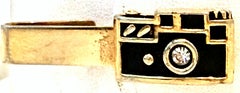 Mid-Century Gold Enamel & Crystal Rhinestoe "Camera" Tie Clip By, Swank