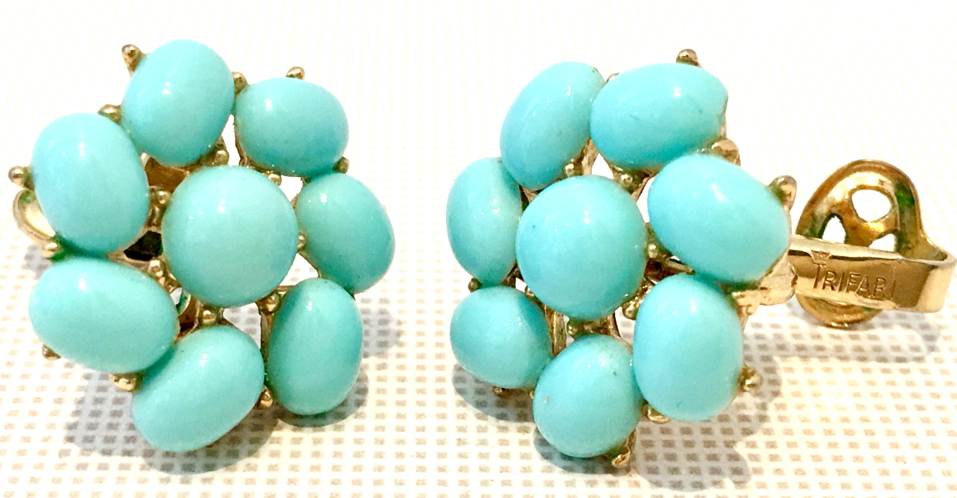Mid-Century Gold Faux Turquoise Necklace Earrings & Bracelet S/4 By, Trifari 8
