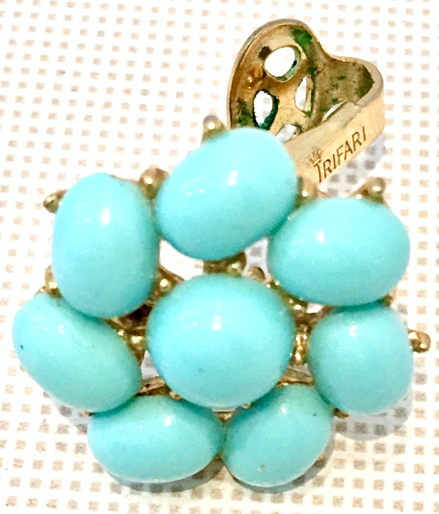 Mid-Century Gold Faux Turquoise Necklace Earrings & Bracelet S/4 By, Trifari 9