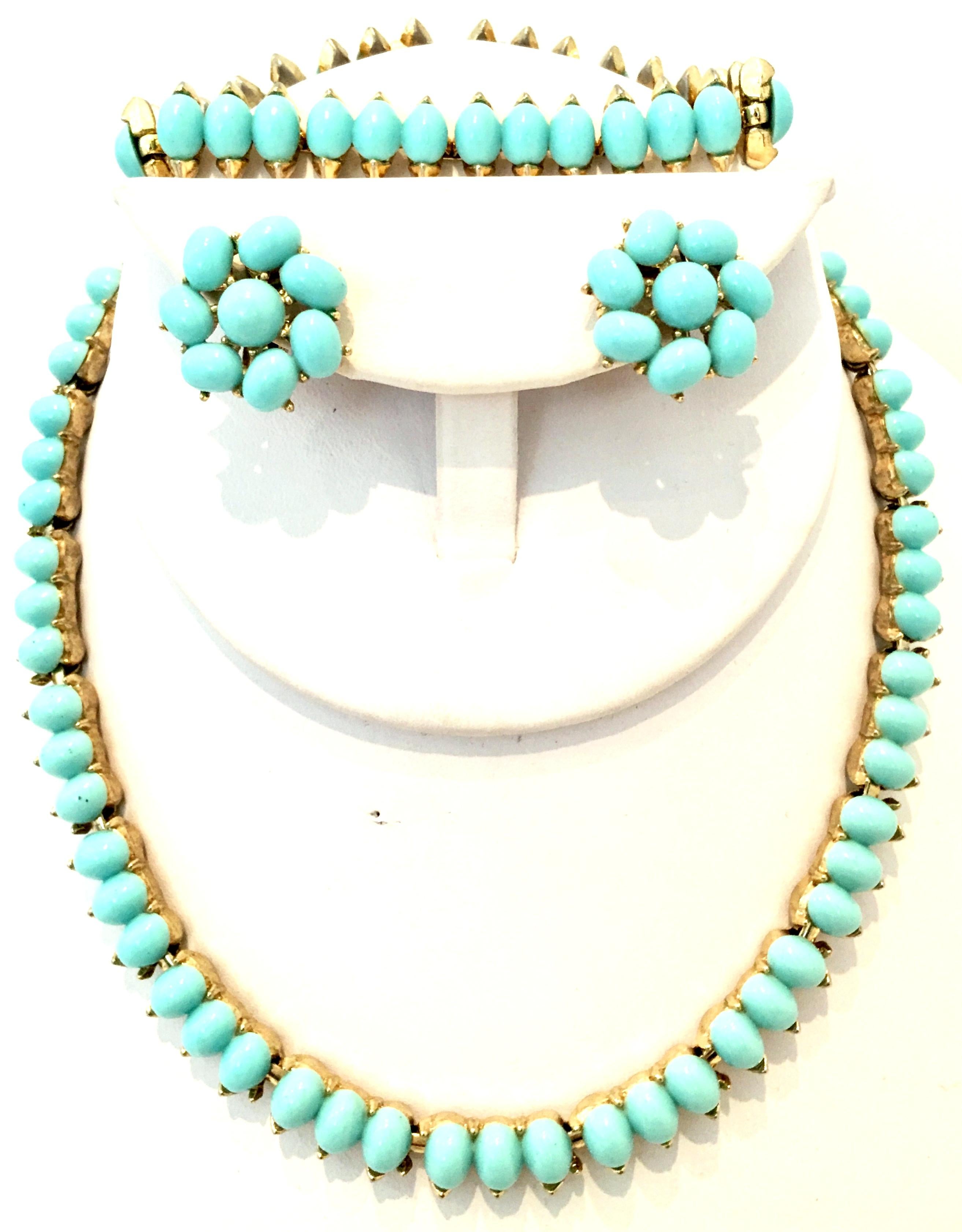 Mid-20th Century Gold Plate & Faux Turquoise Full Demi Parure Set Of Four Pieces, Choker Style Necklace, Bracelet And Earrings By, Trifari. This finely crafted and highly coveted, collectible four piece Demi Parure features a choker style