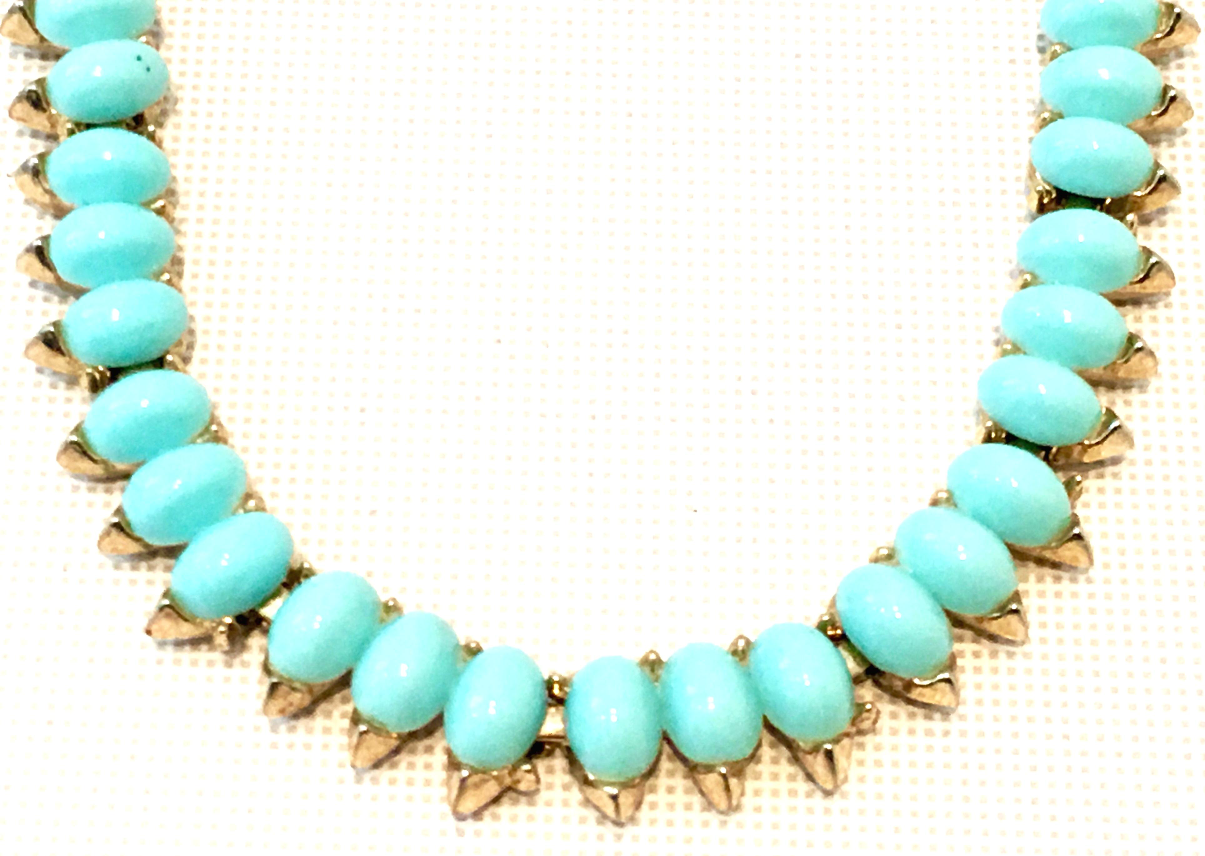 Women's or Men's Mid-Century Gold Faux Turquoise Necklace Earrings & Bracelet S/4 By, Trifari