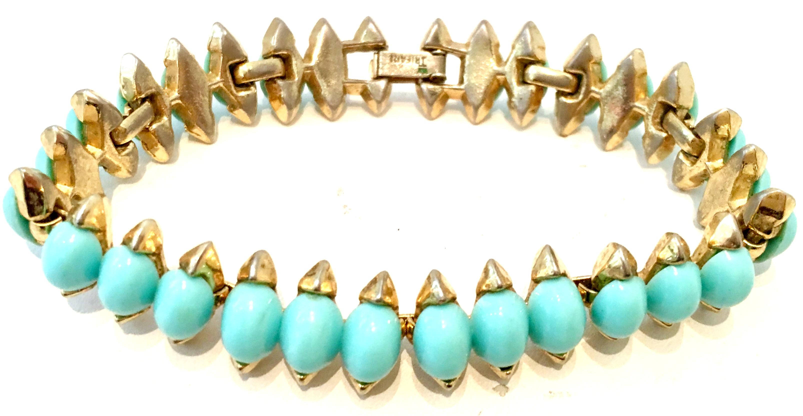 Mid-Century Gold Faux Turquoise Necklace Earrings & Bracelet S/4 By, Trifari 1