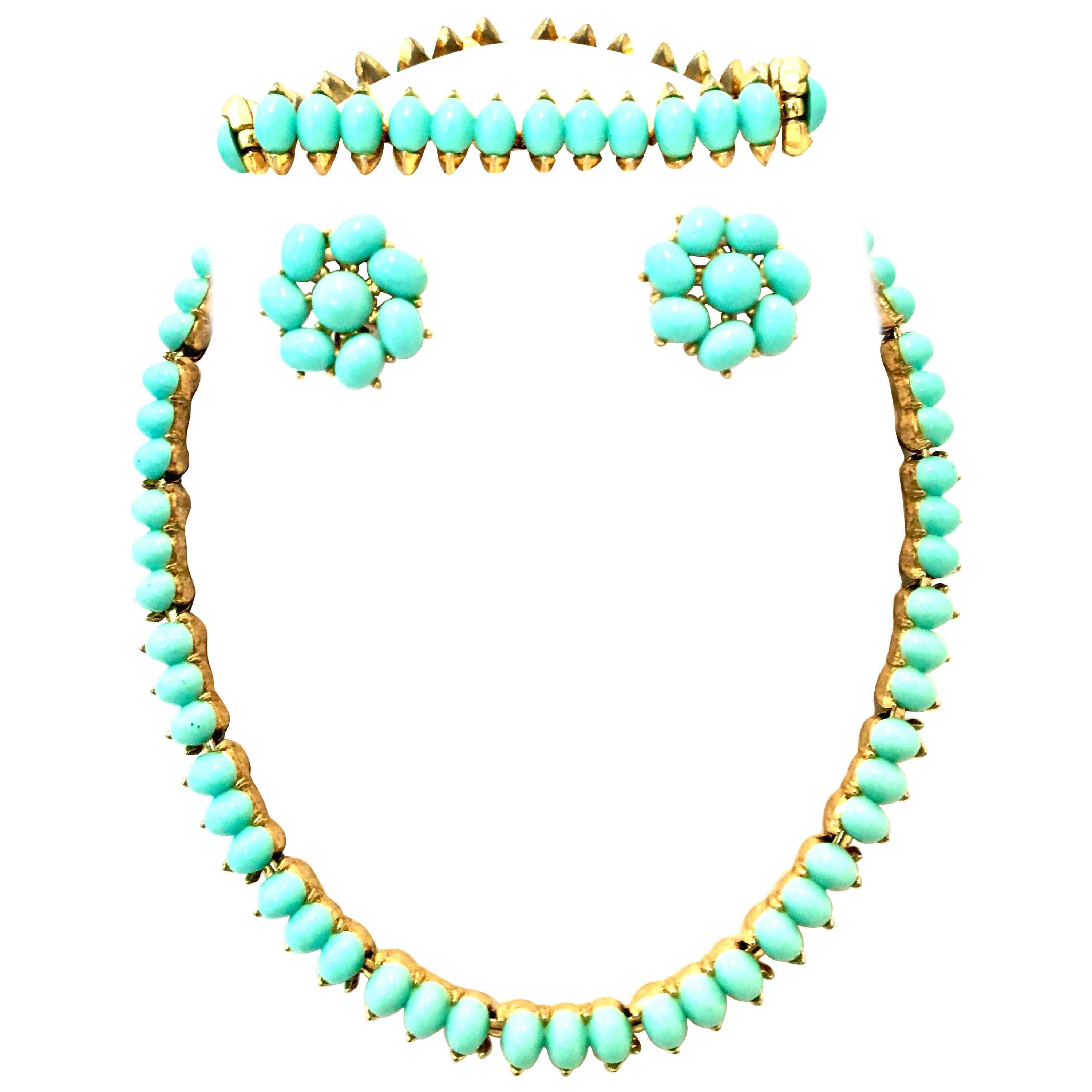 Mid-Century Gold Faux Turquoise Necklace Earrings & Bracelet S/4 By, Trifari